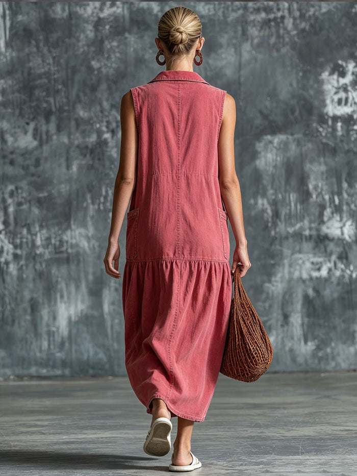 Casual Retro Pink Denim Sleeveless Midi Dress  - By Qivii