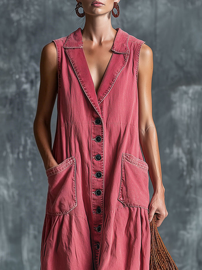 Casual Retro Pink Denim Sleeveless Midi Dress  - By Qivii