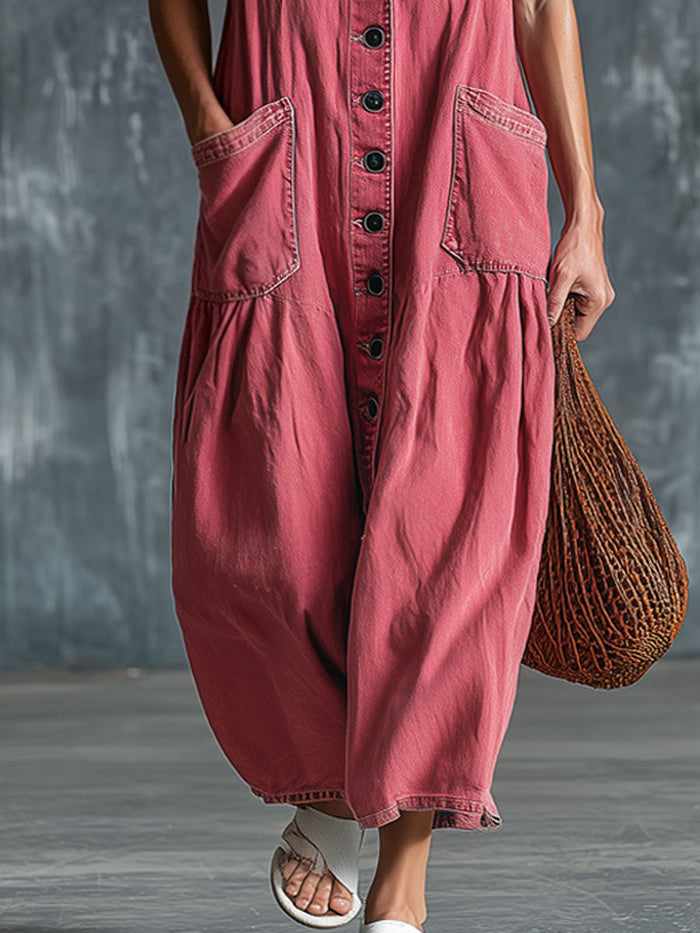 Casual Retro Pink Denim Sleeveless Midi Dress  - By Qivii