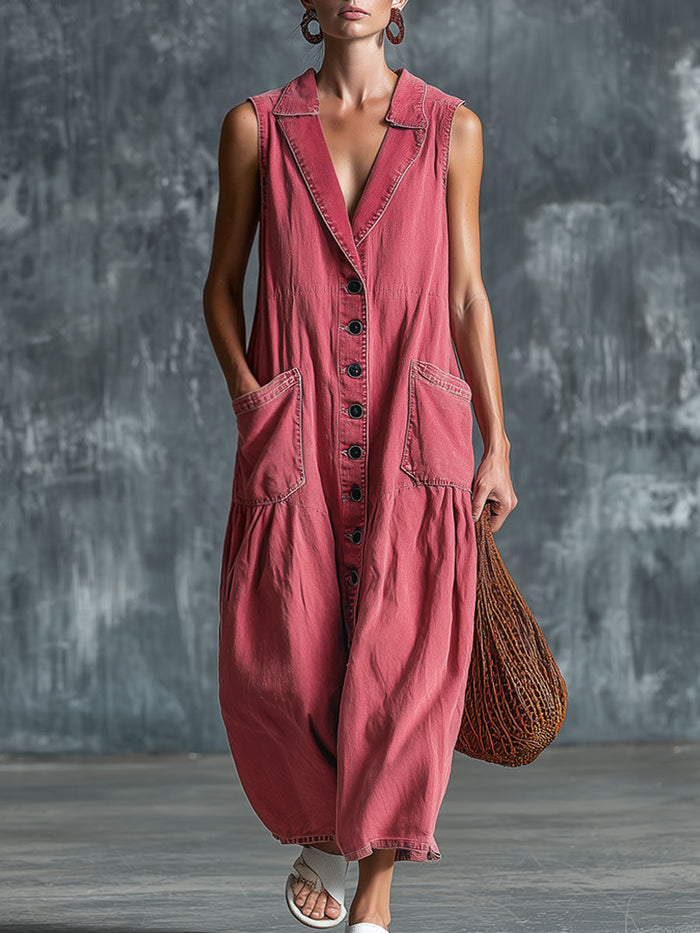 Casual Retro Pink Denim Sleeveless Midi Dress  - By Qivii