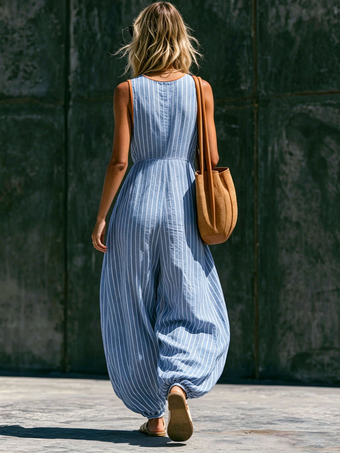 Casual Retro V-neck Tie-up Blue And White Striped Cotton Linen Balloon Jumpsuit  - By Qivii