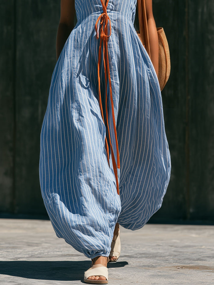 Casual Retro V-neck Tie-up Blue And White Striped Cotton Linen Balloon Jumpsuit  - By Qivii
