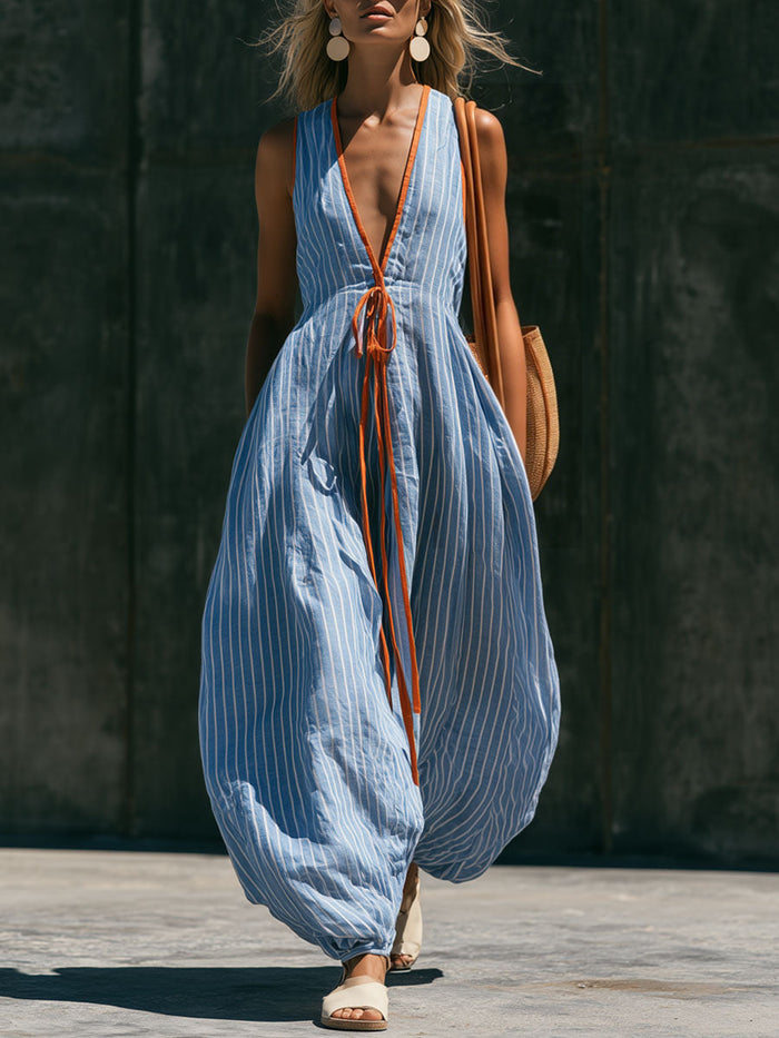 Casual Retro V-neck Tie-up Blue And White Striped Cotton Linen Balloon Jumpsuit  - By Qivii
