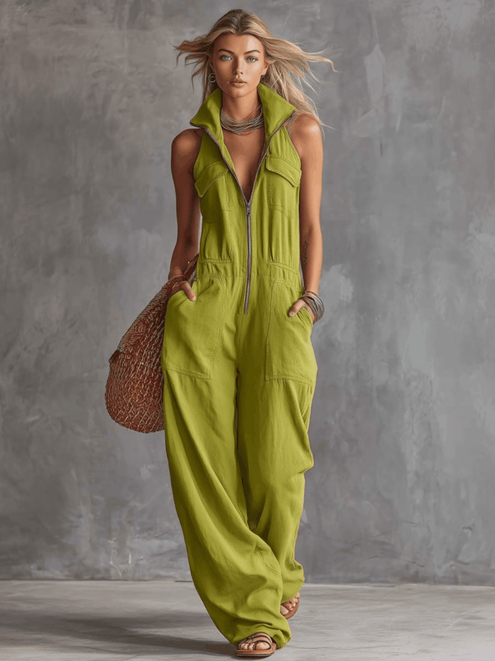 Casual Retro Western Collar Front Zipper Bright Green Cotton Linen Jumpsuit  - By Qivii