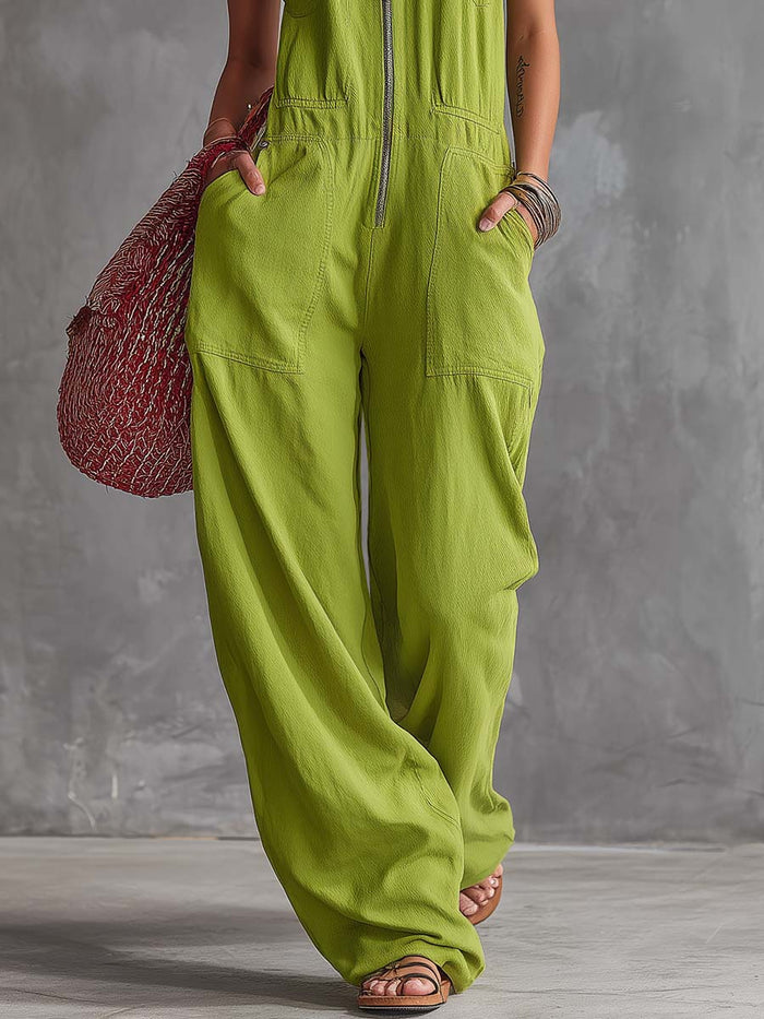 Casual Retro Western Collar Front Zipper Bright Green Cotton Linen Jumpsuit  - By Qivii