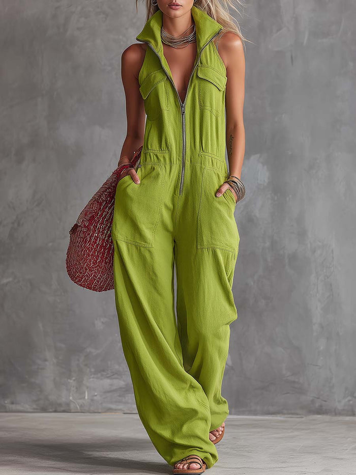 Casual Retro Western Collar Front Zipper Bright Green Cotton Linen Jumpsuit  - By Qivii