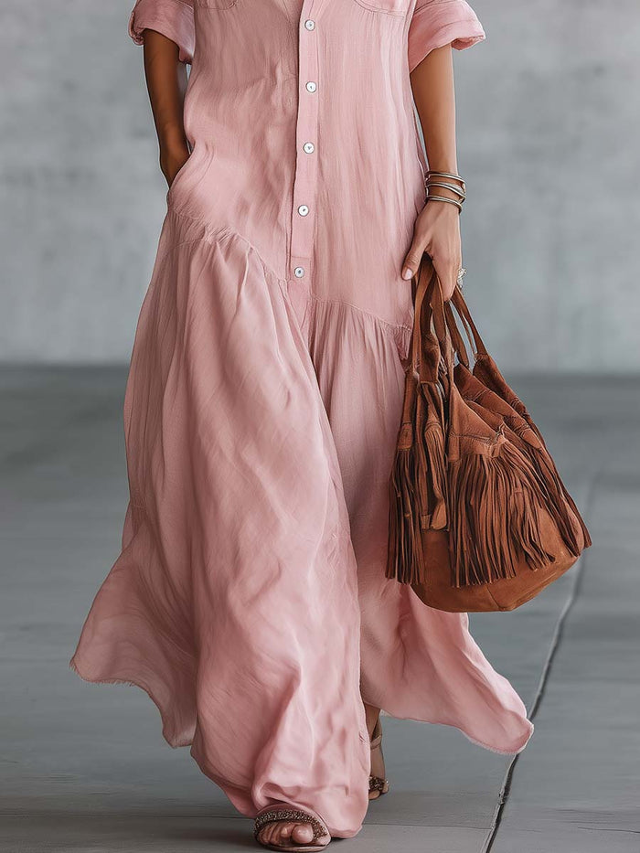 Casual Retro Western V-neck Front Button Short Sleeve Pink Cotton Linen Shirt Maxi Dress  - By Qivii