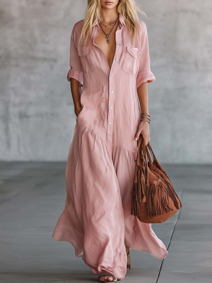 Casual Retro Western V-neck Front Button Short Sleeve Pink Cotton Linen Shirt Maxi Dress  - By Qivii