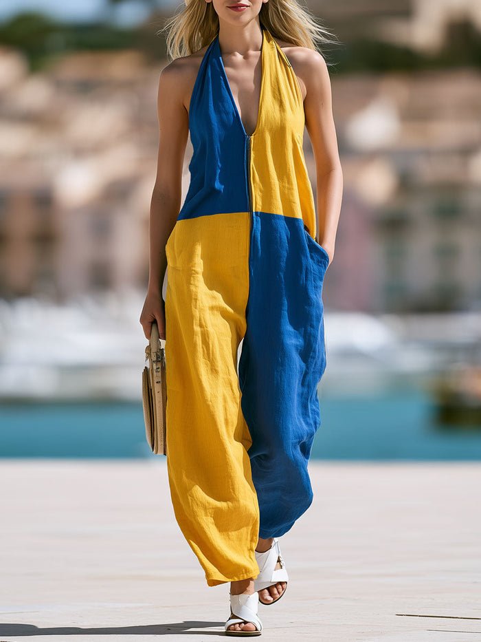 Casual Retro Yellow And Blue Color-blocked Sleeveless V-neck Cotton And Linen Jumpsuit  - By Qivii