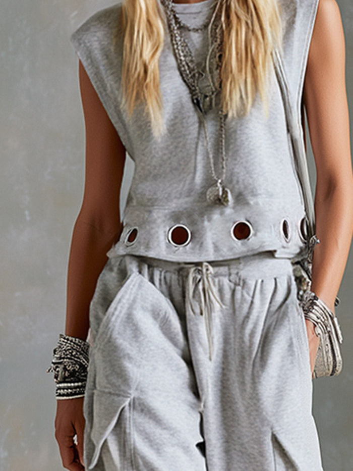 Casual Sporty Style Metal Eyelets Grey-White Tank Top & Cropped Pants Cotton Set  - By Qivii