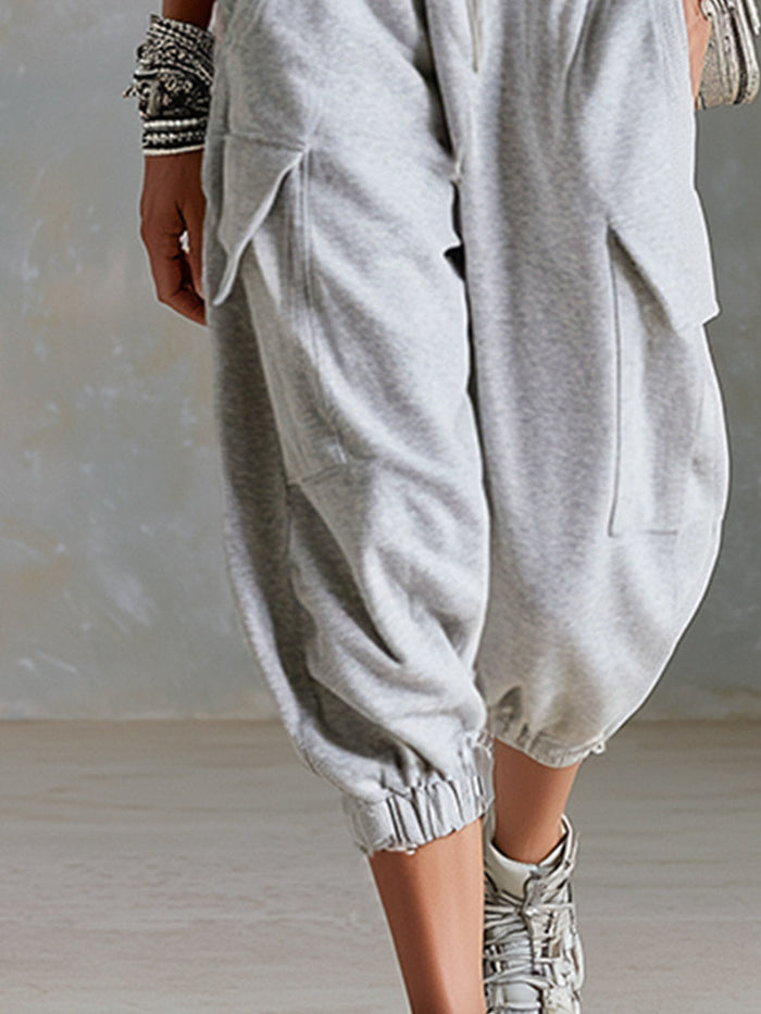 Casual Sporty Style Metal Eyelets Grey-White Tank Top & Cropped Pants Cotton Set  - By Qivii