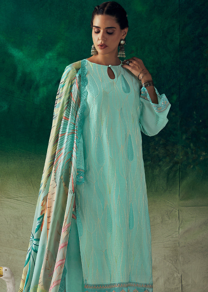 Celeste Blue Digital Printed Muslin Salwar Suit with Light Embroidery work - qivii