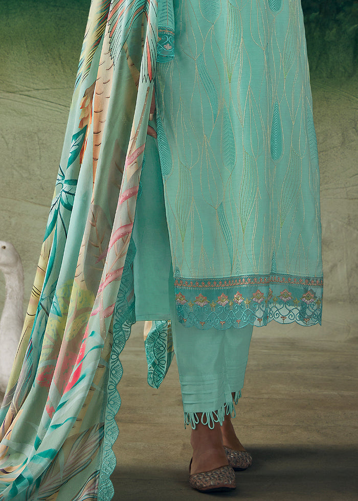 Celeste Blue Digital Printed Muslin Salwar Suit with Light Embroidery work - qivii