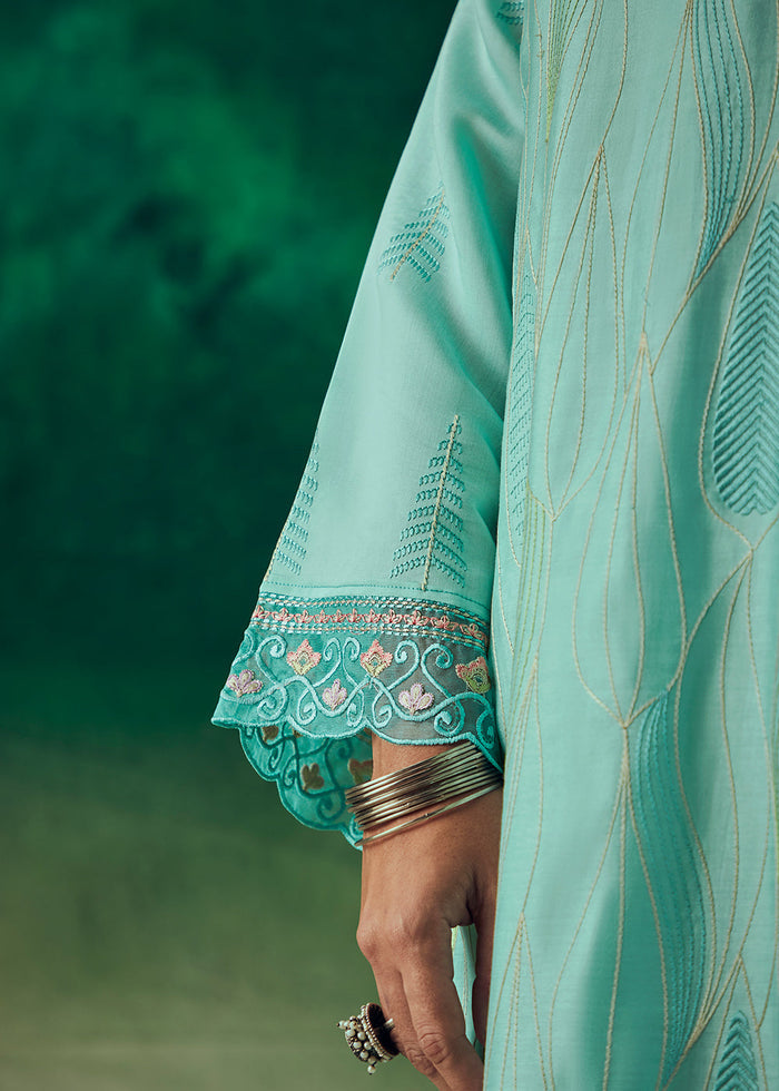 Celeste Blue Digital Printed Muslin Salwar Suit with Light Embroidery work - qivii