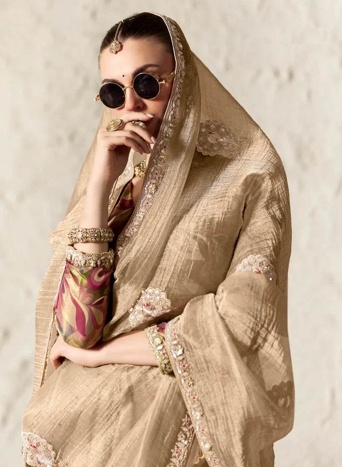 Champagne Embroidered Party Wear Saree