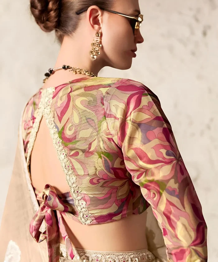 Champagne Embroidered Party Wear Saree