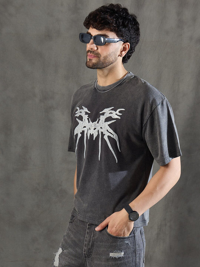 Charcoal Washed Bat Graphic Oversized Tshirt