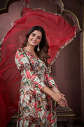 Cherry Red Handwork Kurta Set with Pant & Dupatta - qivii