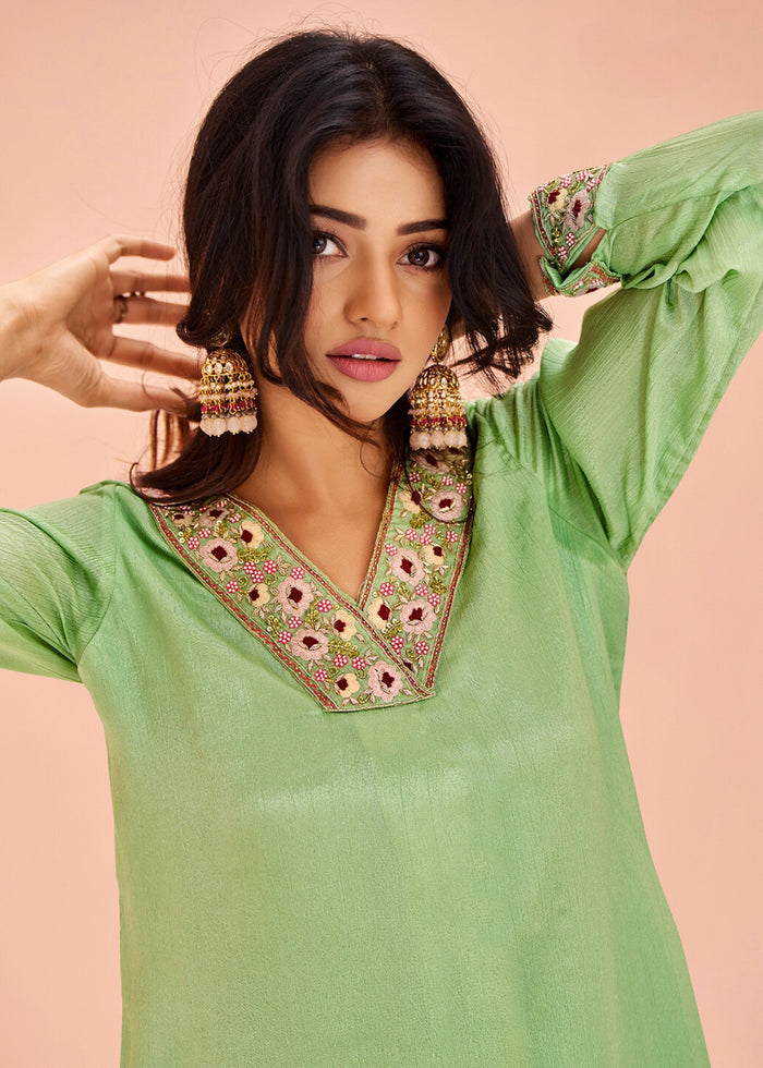 Chinon Green Handwork Kurta with Pant - qivii