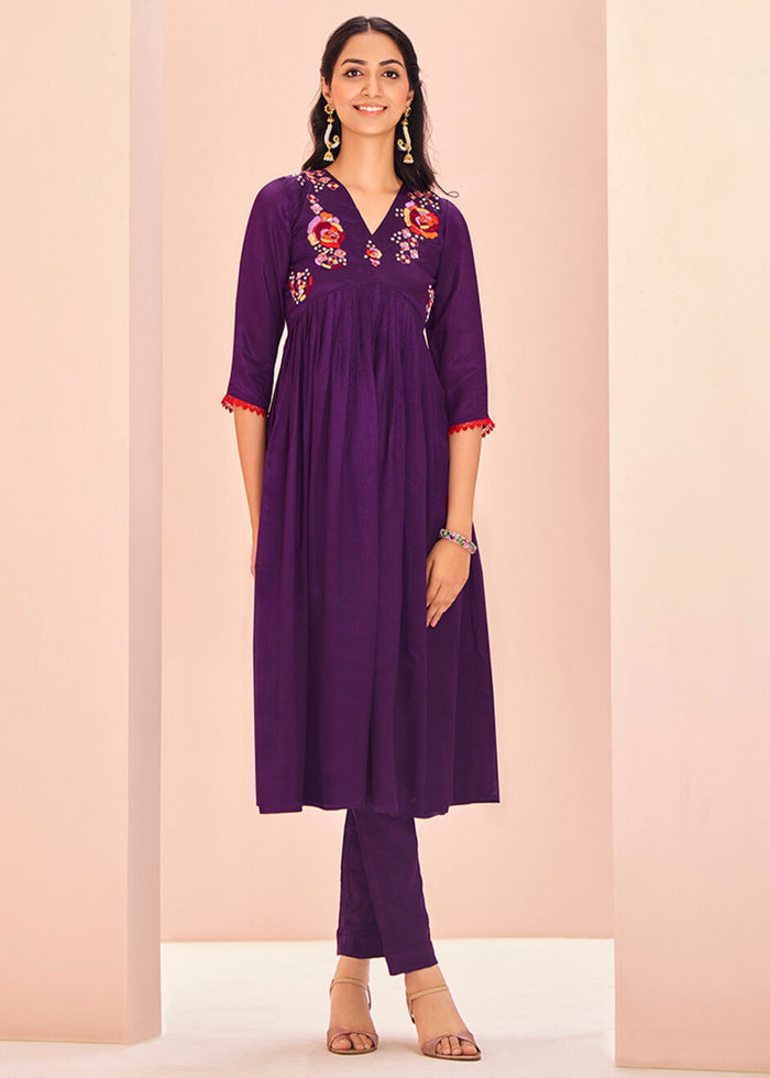 Chinon Wine Handwork Kurta with Pant - qivii