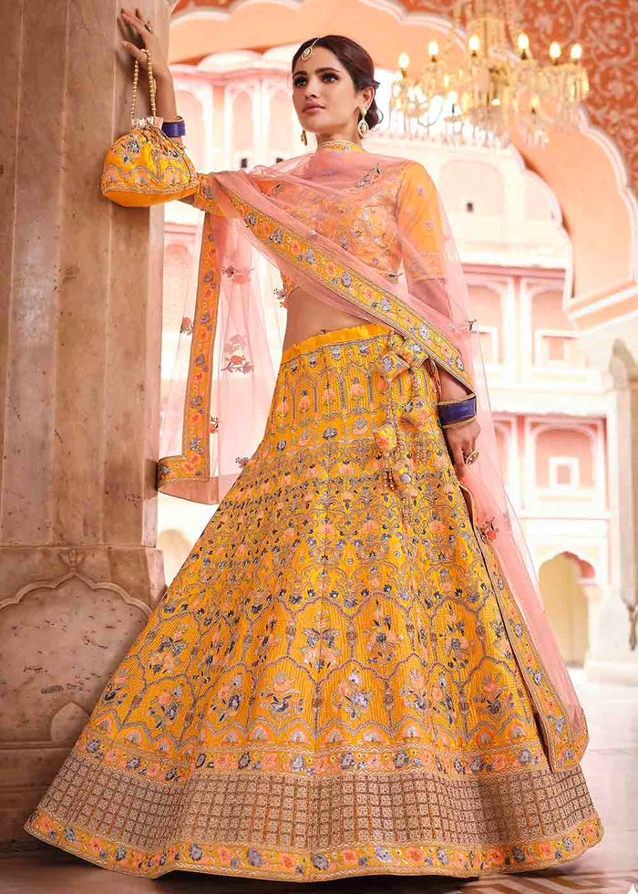 Chrome Yellow Crepe Lehenga Choli with Swarovski, Sequins & Dori work | Ready To Wear - qivii