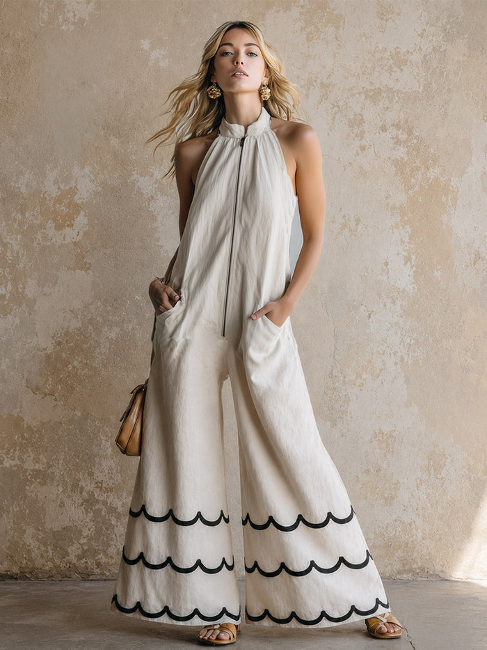 Classic Contrast-Color Wavy-Edge Off-White Cotton-Linen Halter Jumpsuit  - By Qivii