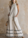 Classic Contrast-Color Wavy-Edge Off-White Cotton-Linen Halter Jumpsuit  - By Qivii