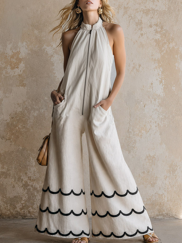 Classic Contrast-Color Wavy-Edge Off-White Cotton-Linen Halter Jumpsuit  - By Qivii