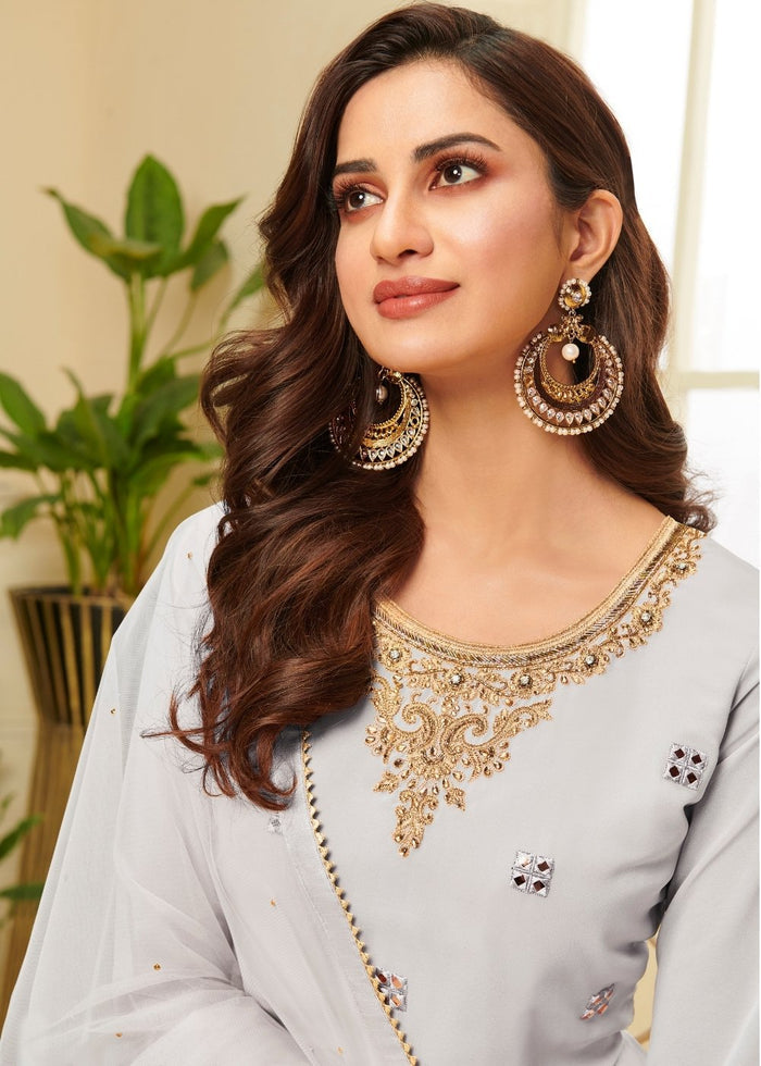 Cloud Grey Georgette Sharara Suit with Gota work & Embroidery - qivii