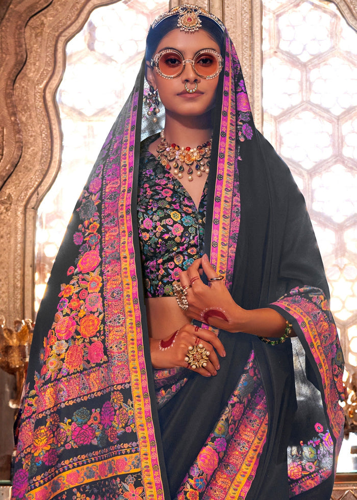 Coal Black Silk Saree With Luxury Print And Glory Finish - qivii
