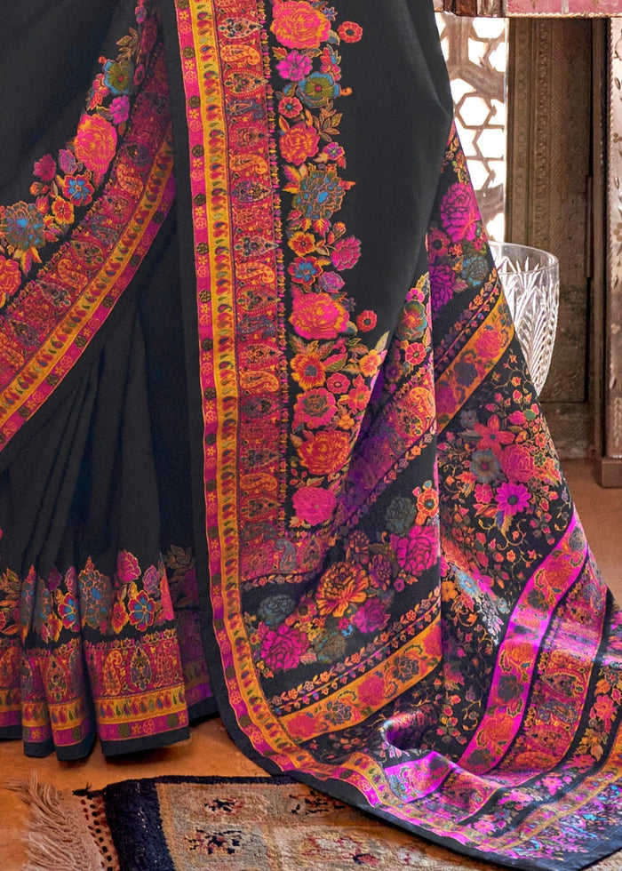 Coal Black Silk Saree With Luxury Print And Glory Finish - qivii