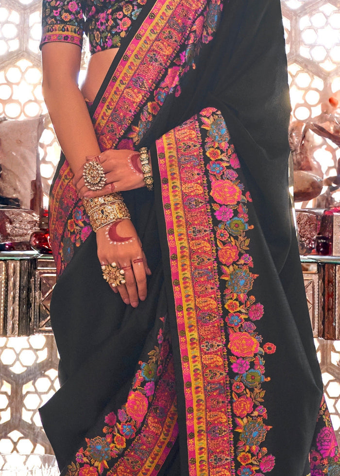 Coal Black Silk Saree With Luxury Print And Glory Finish - qivii