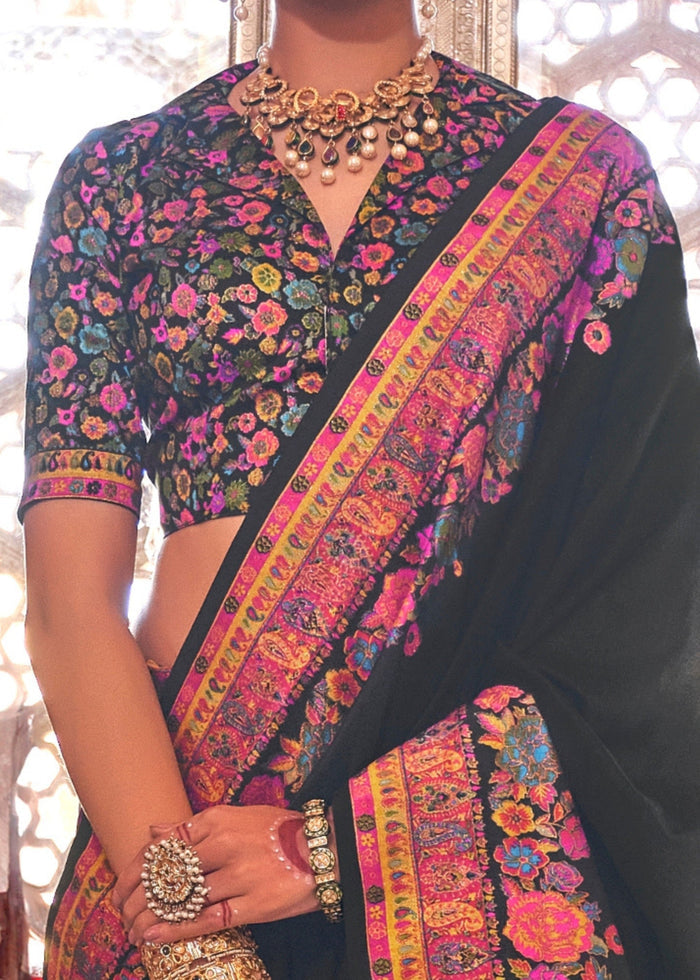 Coal Black Silk Saree With Luxury Print And Glory Finish - qivii