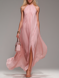 Comfortable And Elegant Halter Neck Sleeveless Slit Chiffon Maxi Dress  - By Qivii