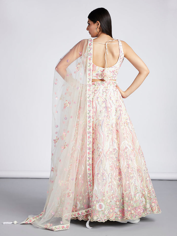 Cream - Multi-Sequins & Thread Work Embroidery Net Semi-Stitched Lehenga - qivii