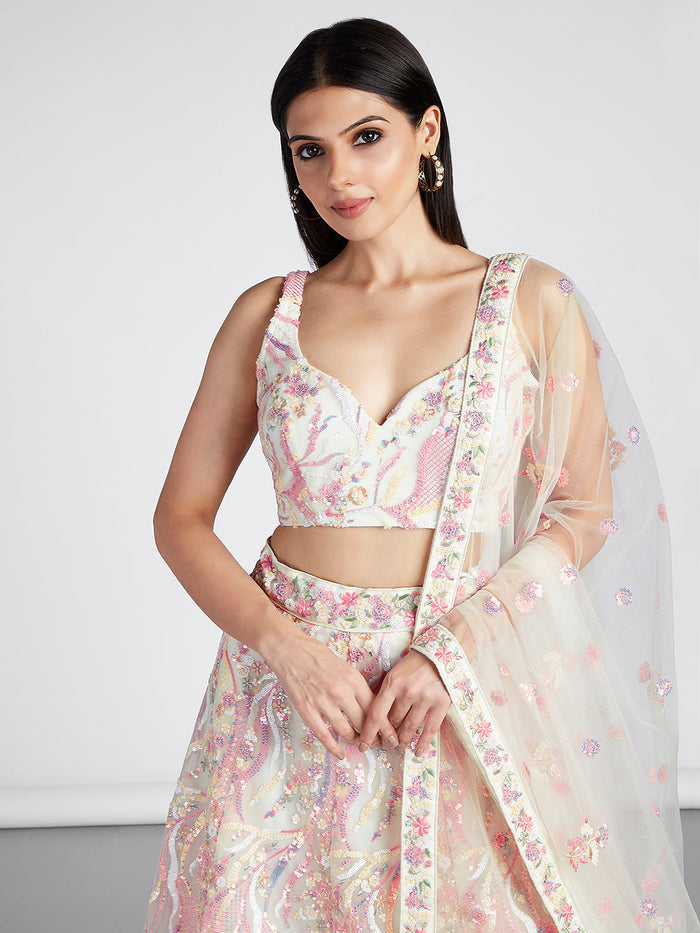 Cream - Multi-Sequins & Thread Work Embroidery Net Semi-Stitched Lehenga - qivii