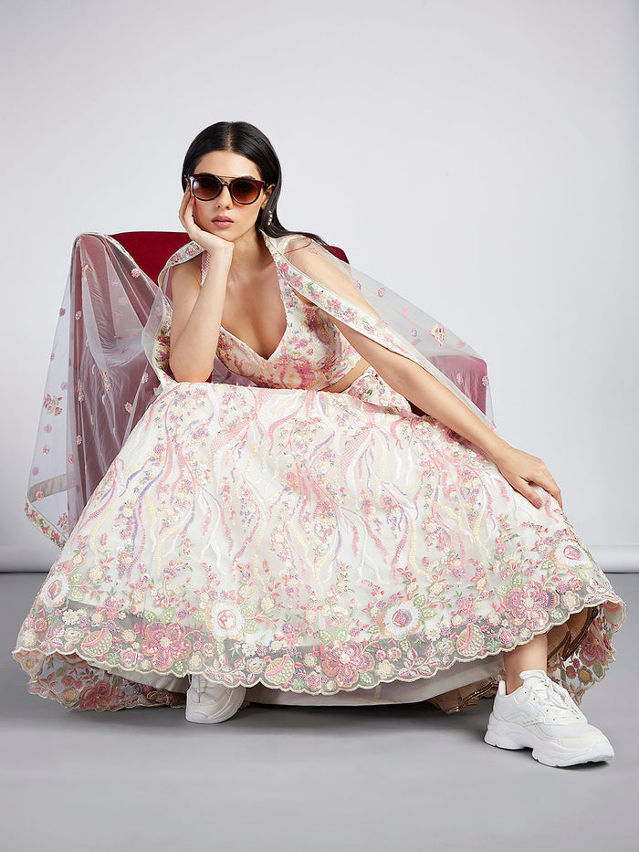 Cream - Multi-Sequins & Thread Work Embroidery Net Semi-Stitched Lehenga - qivii