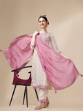 Cream And Pink Jacquard Tissue Kurta Suit Set