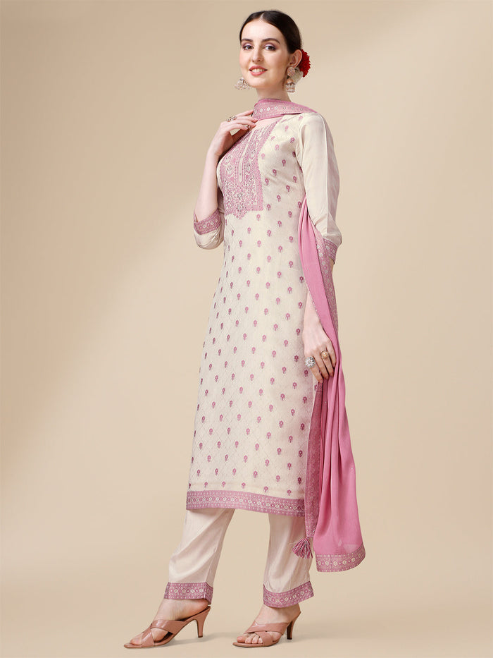 Cream And Pink Jacquard Tissue Kurta Suit Set