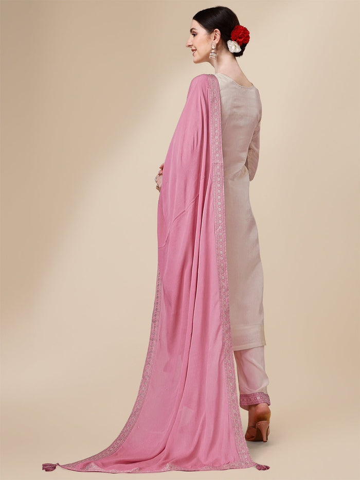 Cream And Pink Jacquard Tissue Kurta Suit Set