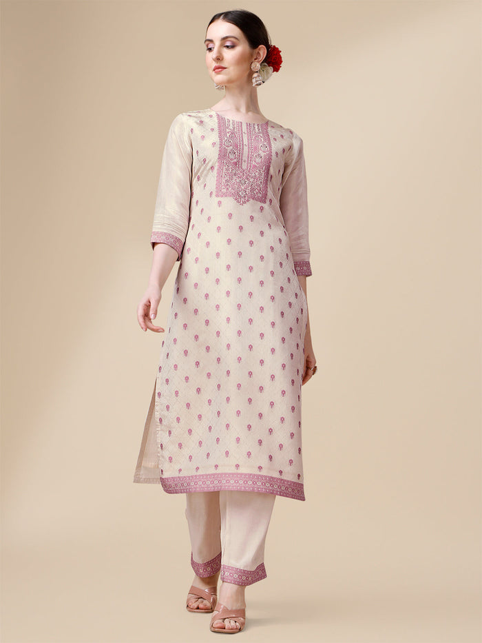Cream And Pink Jacquard Tissue Kurta Suit Set