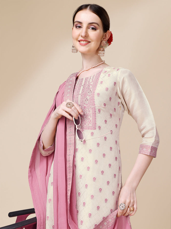 Cream And Pink Jacquard Tissue Kurta Suit Set