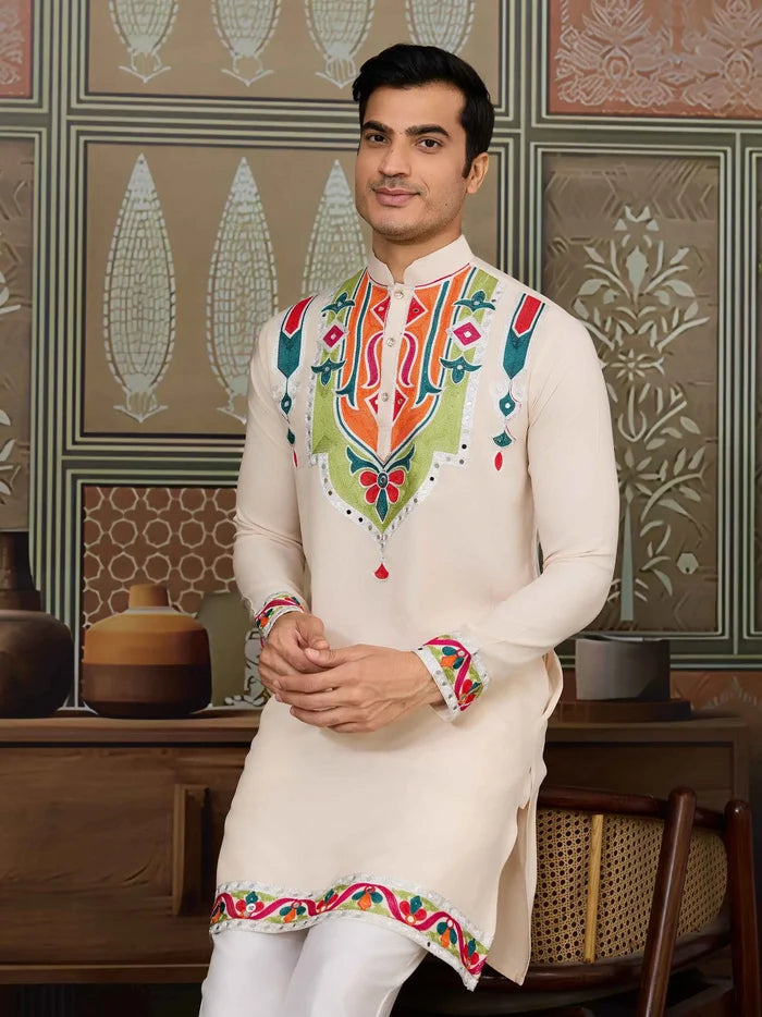 Cream Navratri Kurta Set Multi Thread And Real Mirror Work