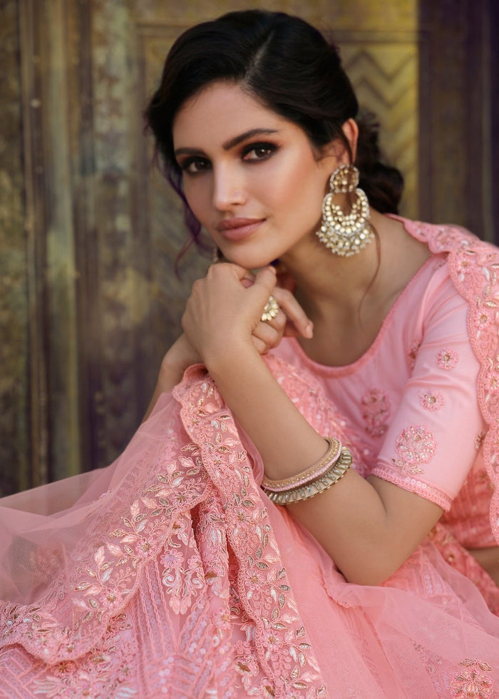 Creamy Pink Soft Net Lehenga Choli with Sequins, Thread, Zari & Dori work | Ready To Wear - qivii