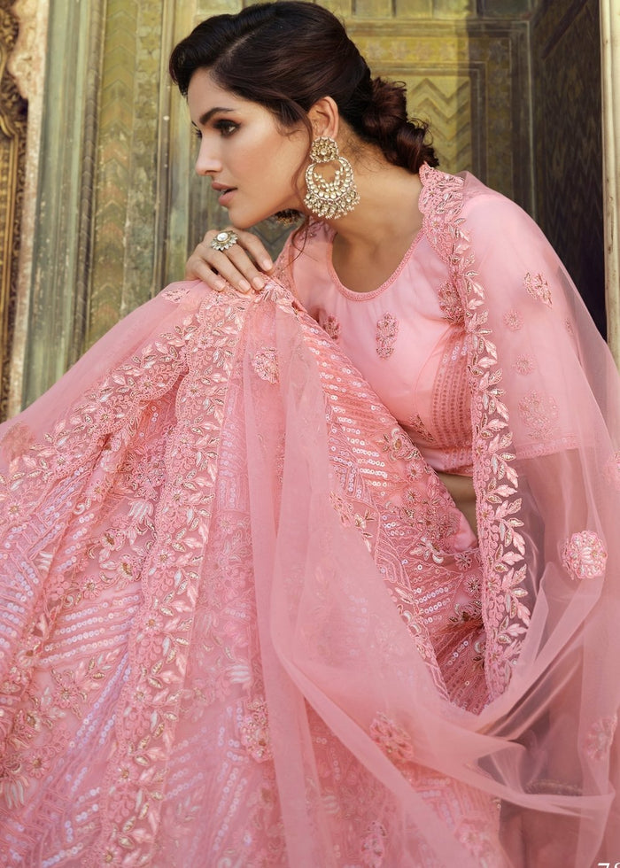 Creamy Pink Soft Net Lehenga Choli with Sequins, Thread, Zari & Dori work | Ready To Wear - qivii