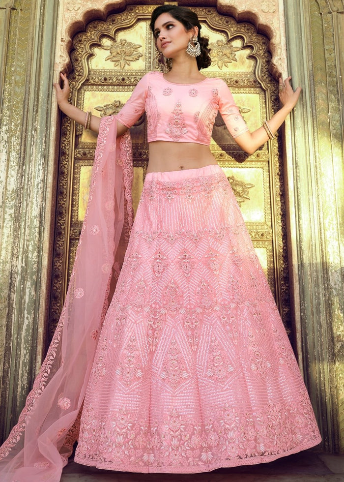 Creamy Pink Soft Net Lehenga Choli with Sequins, Thread, Zari & Dori work | Ready To Wear - qivii