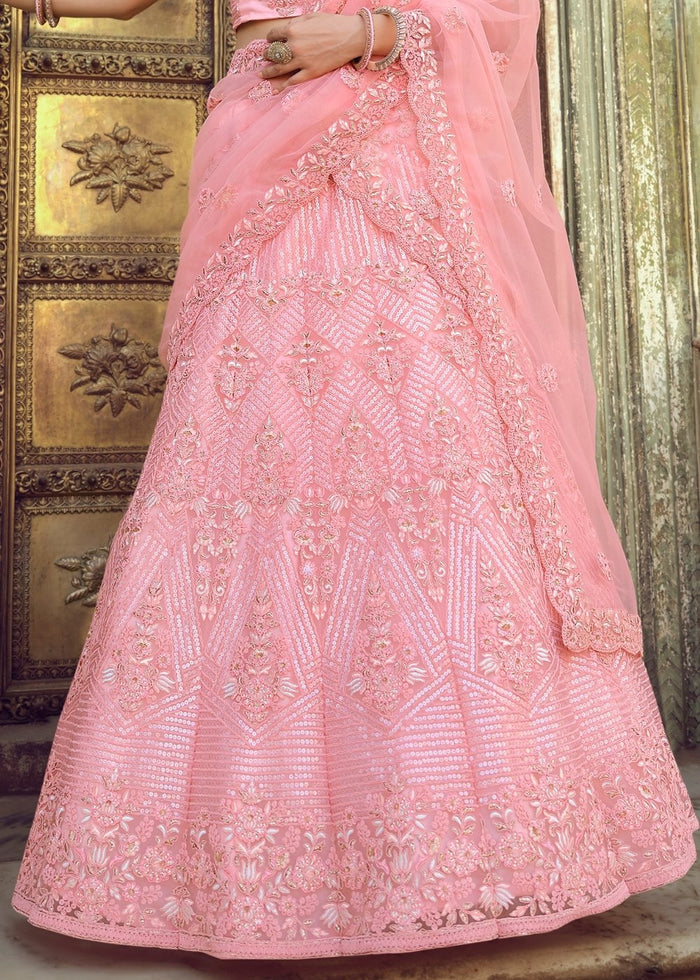 Creamy Pink Soft Net Lehenga Choli with Sequins, Thread, Zari & Dori work | Ready To Wear - qivii