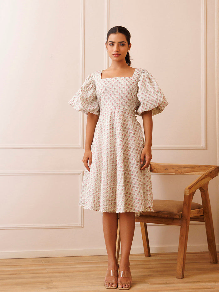 Dahlia White Cotton Printed Dress