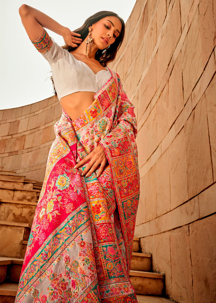 Daisy White Woven Kashmiri Jamawar Silk Saree - qivii