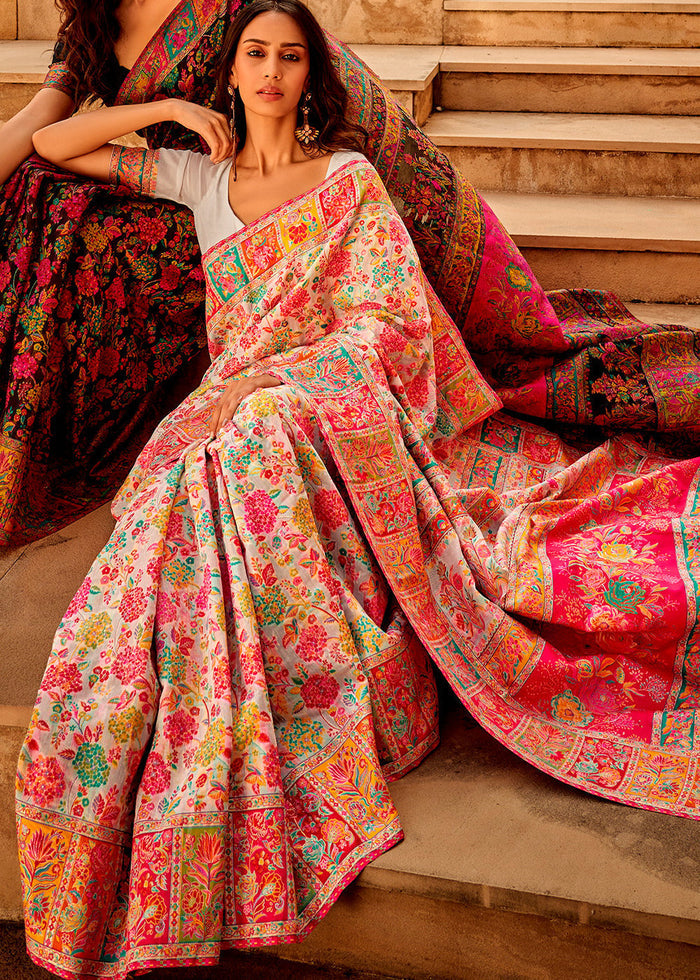 Daisy White Woven Kashmiri Jamawar Silk Saree - qivii